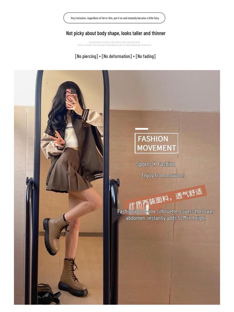 Women's High Waist Dark Gray Wool Plaid Pleated Skirt - Slimming Spring/Autumn 2026 Collection, JK Short Skirt