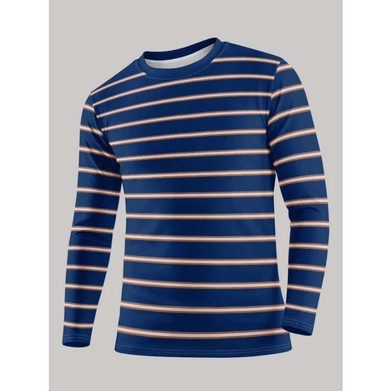 Men's casual round neck long sleeve T-shirt with khaki and white horizontal stripes, soft and breathable sports fit autumn street top