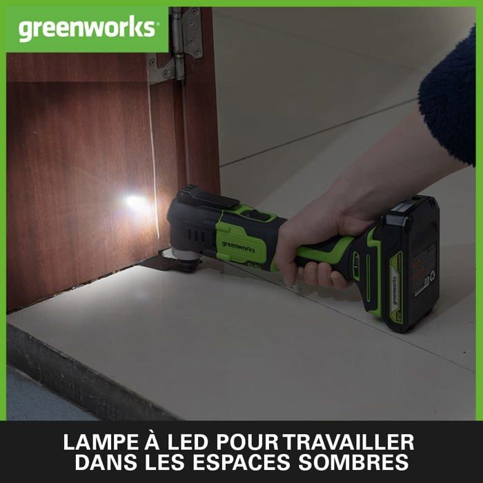Outil multifonction oscillant - greenworks - g24mt - 24v - 18000 opm - lampe led intégrée