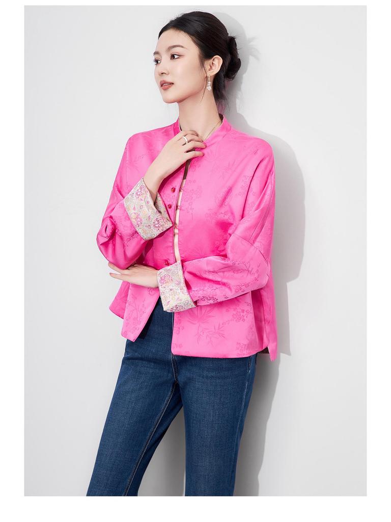 Women's Autumn Reversible Jacquard Jacket - New Chinese Style with Auspicious Dragon & Fortune Fish Design