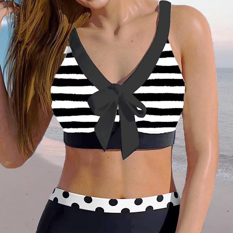 

Женский черный полосатый купальник бикини с бантом на спине - Сладкий пляжный отпускной стиль M