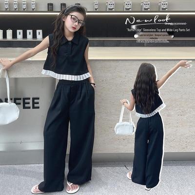 Girls' Stylish Summer Streetwear: Ruffle Polo Top & Wide-Leg Pants Set