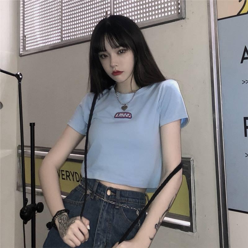

Trendy Black Korean Letter Slim-Fit Navel-Baring Short-Sleeved T-Shirt for Women, Summer 2022 M синий