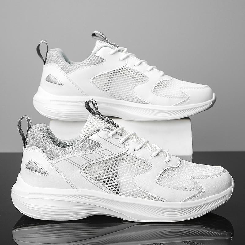 Men's Shoes With Breathable Mesh Versatile Casual Suitable Teenagers' Running Anti Slip Sports Height Increasing Plus Size White Dad