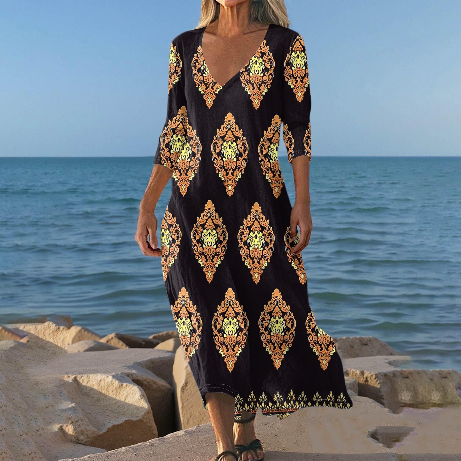 

Платья для женщин Винтажный принт Туника с завышенной талией Миди платье Летнее Повседневное платье с рукавом 3/4 L жёлтый