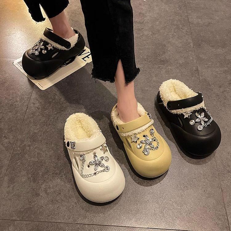 Height-increasing Waterproof and Velvet Thick-soled Hole Shoes, Warm Fluffy Shoes, Five-pointed Star Cotton Slippers, Women's 2025 Winter New Models