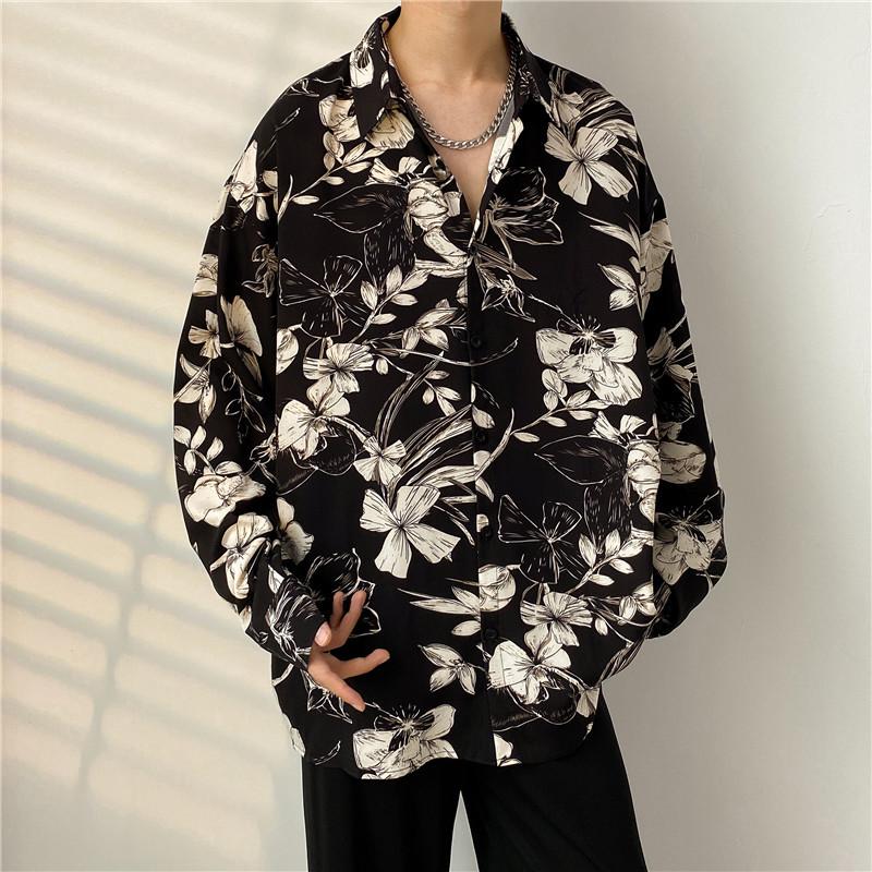 Men's Japanese-Style Full Print Long Sleeve Shirt - Casual, Trendy, Hong Kong-Style Cardigan for Spring/Autumn