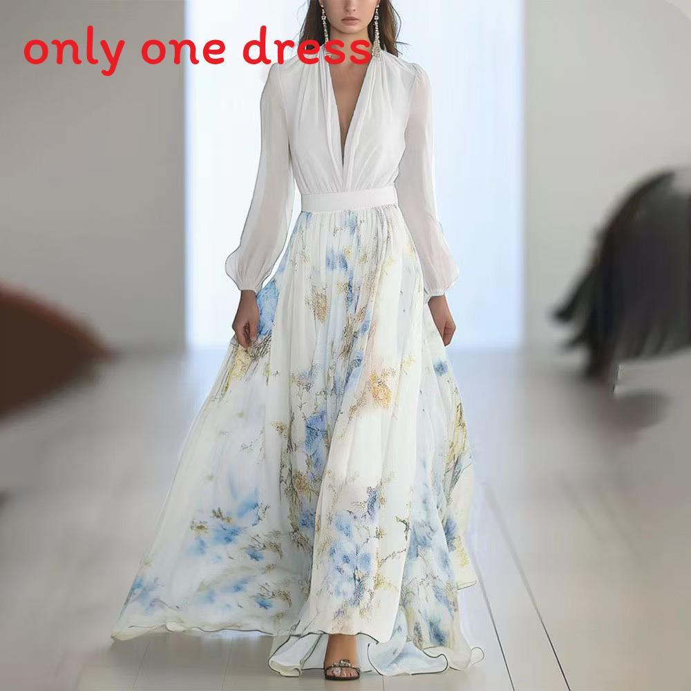 Euro Female Long Sleeve V Neck Spliced Print Chiffon Maxi Dress For Casual Streetwear