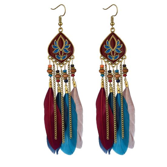 1 Pair Beads Multicolor Retro Drop Earrings Bohemian Long Feather Hook Earrings Party Jewelry