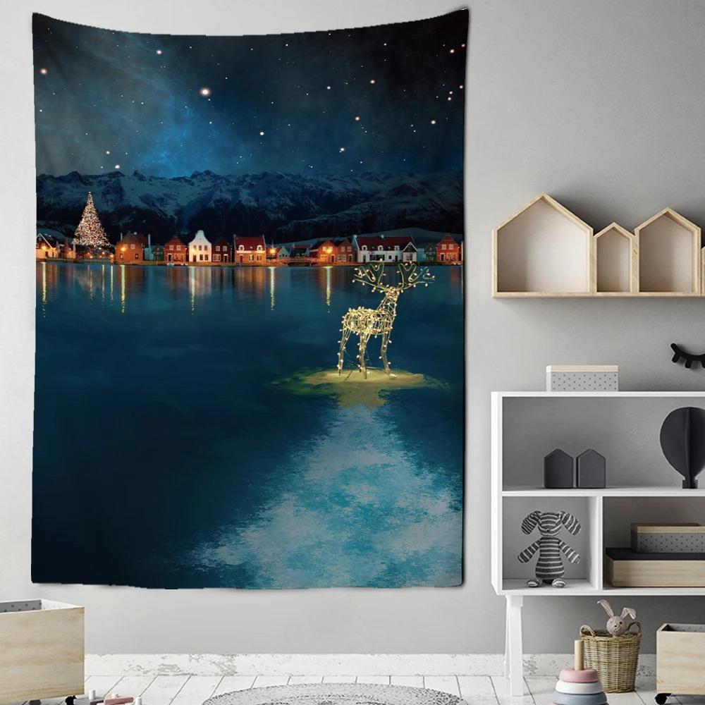 Cartoon Santa Claus Pattern Tapestry Home Bedroom Living Room Wall Decoration Christmas Theme Tapestry