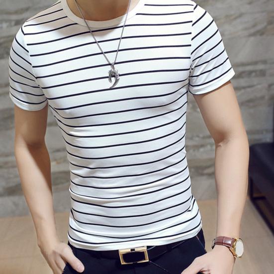Men T-shirt Contrast Color O Neck Short Sleeve Stripe Print Formal Summer Base Top Male Clothes