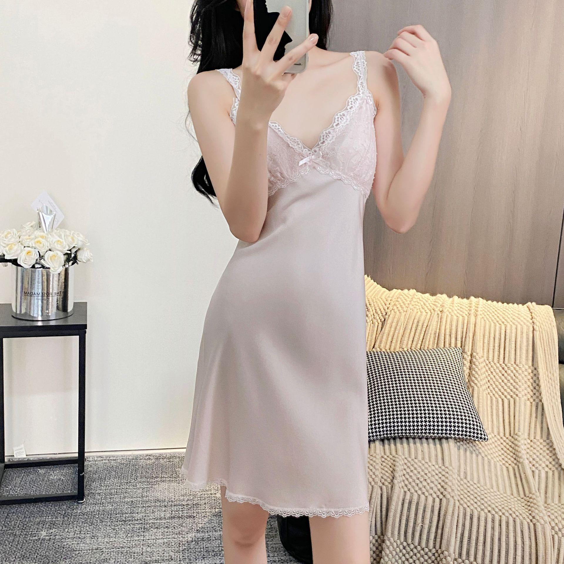 Women s Sexy Ice Silk Camisole Nightgown & Lace Robe Set - Spring/Summer Sleepwear XL (Recommended 58-68 kg)