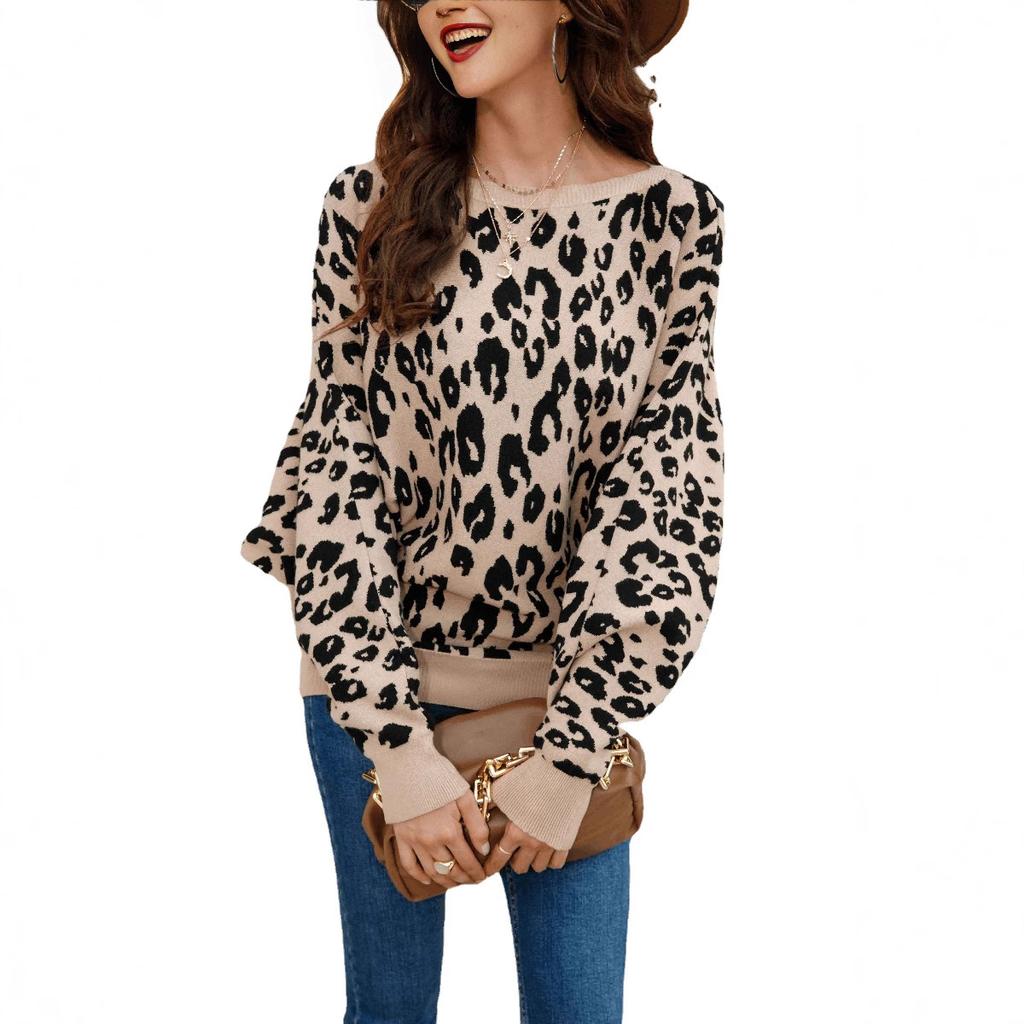 2022 Popular Women's One-Neck Heavy Industry Leopard Print Jacquard Fattened Batman Pullover Sweater