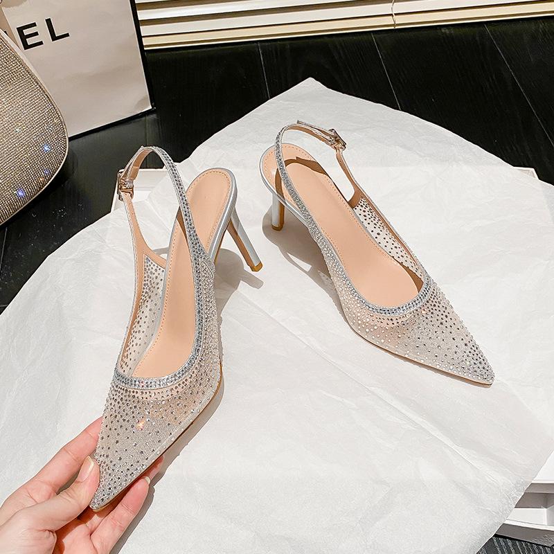 WO Huizhou 2025 summer new European and American fashion pointed mesh yarn rhinestone fine high heel temperament bag head sandals women