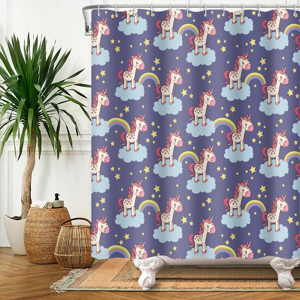 Cartoon Shower Curtain for Bathroom Kids Rainbow Cloud Sun Stars Flower Unicorn Cute Animals Waterproof Bath Curtain Home Decor