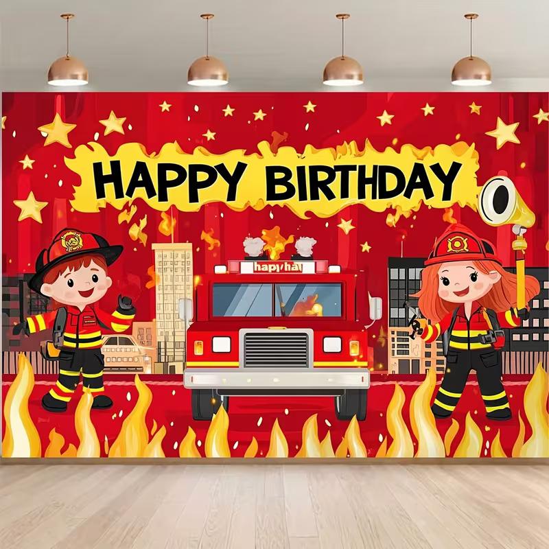 2D Cartoon Fire Truck Happy Birthday Photo Booth Background