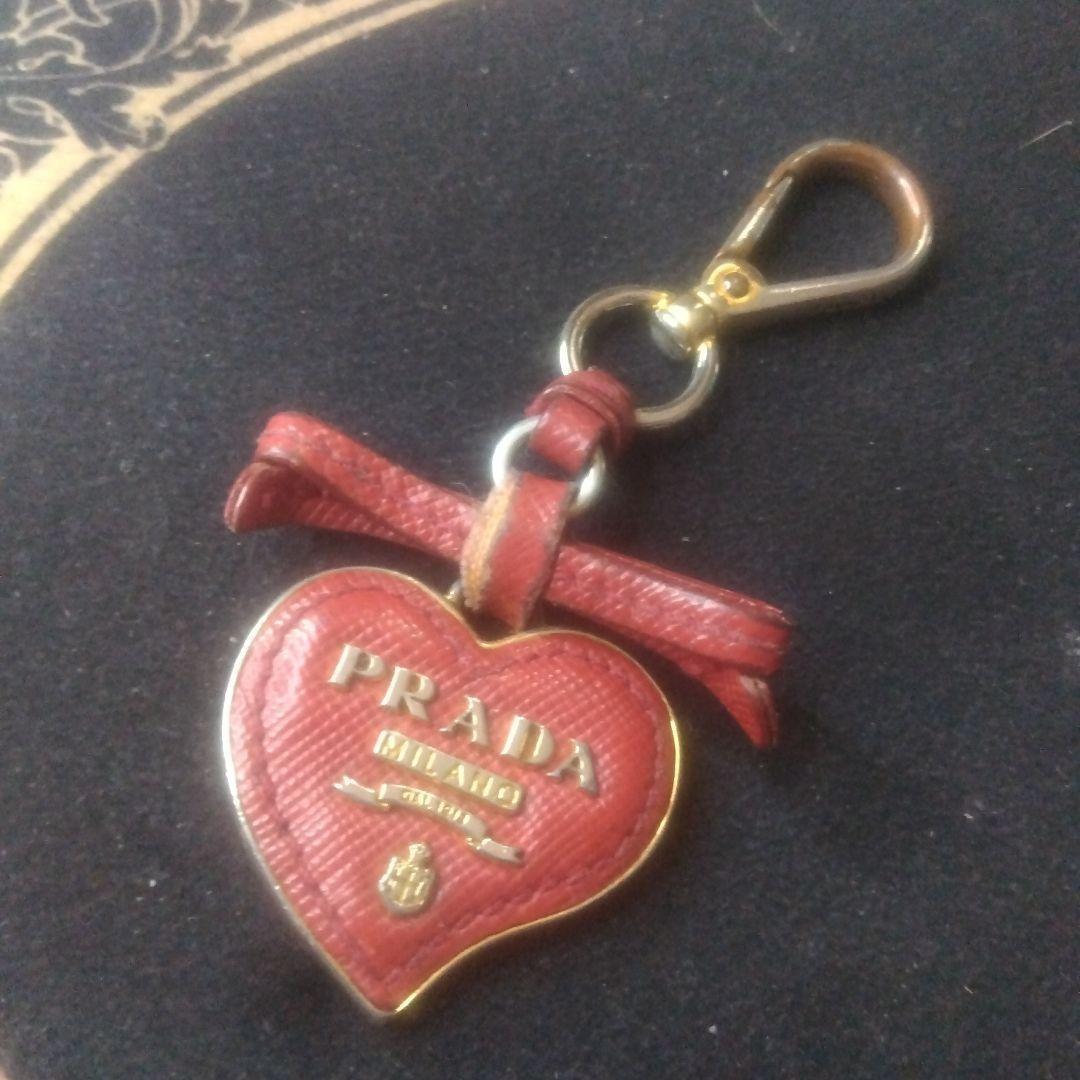 PRADA Heart Ribbon Key Ring Chain Holder Bag Charm Red Gold