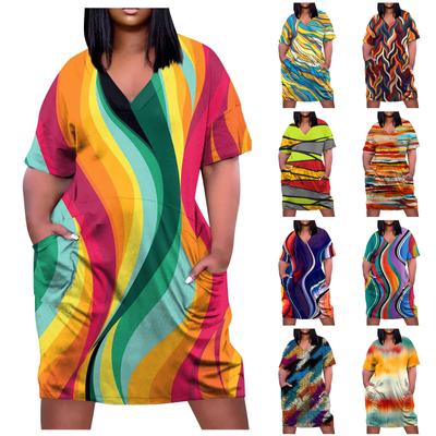 Large Dress Women's V-neck Summer Dress Printed Short-sleeve Dress With Pockets