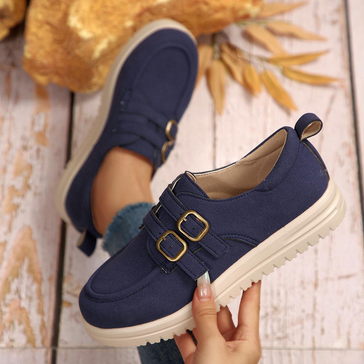 

Women s Wide Width Buckle Strap Platform Loafers - Fall Comfort Slip-On Flats with Cushioned Sole, Soft Bottom Casual Shoes 43 синій