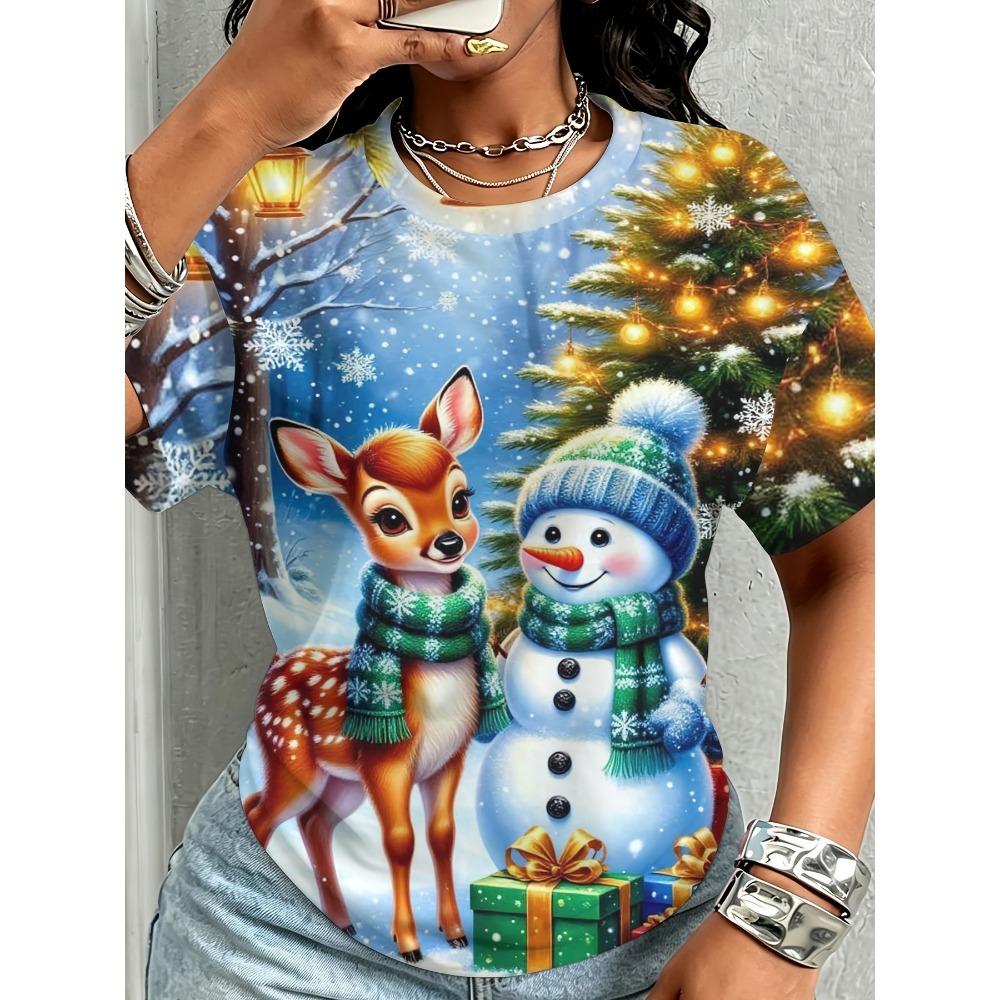 Summer Christmas Snowman Series 3D Print T-Shirt Loose Fit Short Sleeve T-shirt Breathable Women Casual Comfortable Creative Versatile Sports T-shirt