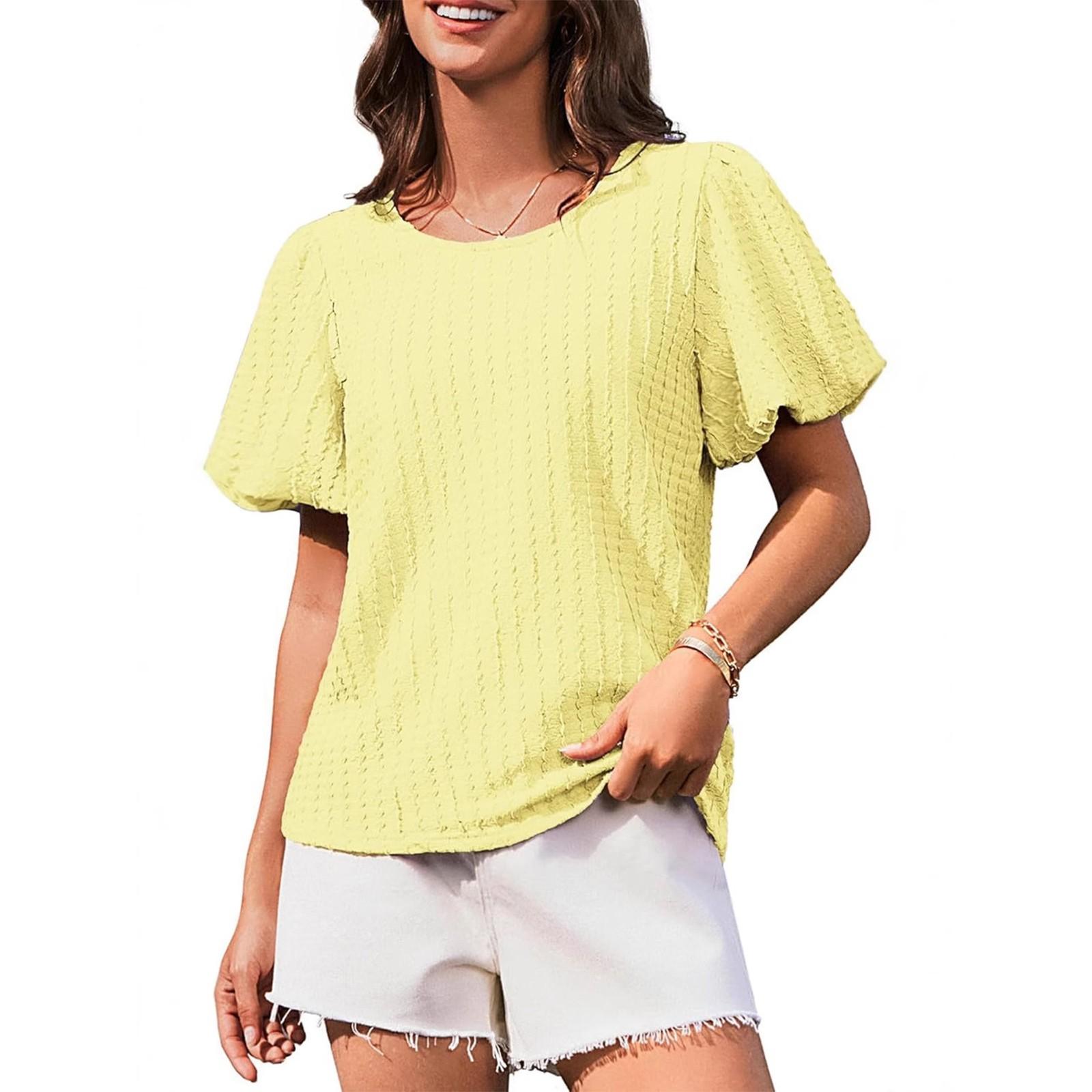 

Женская летняя однотонная повседневная футболка с круглым вырезом и короткими рукавами, с мятым узором XL жёлтый