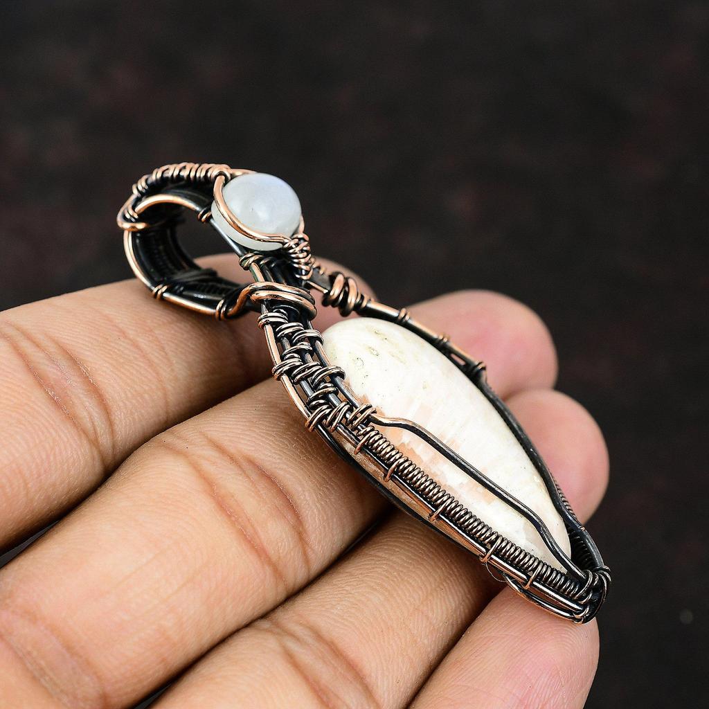 Scolecite Copper Pendant Copper Wire Wrapped Jewelry Scolecite Jewelry Rainbow Moonstone Gemstone Pendant Handmade Pendant Gift For Mother