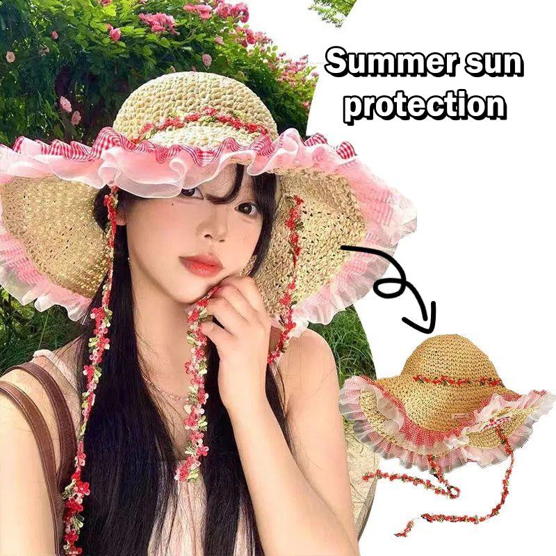 Korean Style Floral Bow Straw Hat For Women New Summer Beach Large Brim Fisherman Hat Small Face Holiday Style Sun Hat