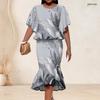 Women Plus Size Black Green Gold Round Neck Printed Batwing Sleeve Ruffle Top Fishtail Skirt Two Piece Set