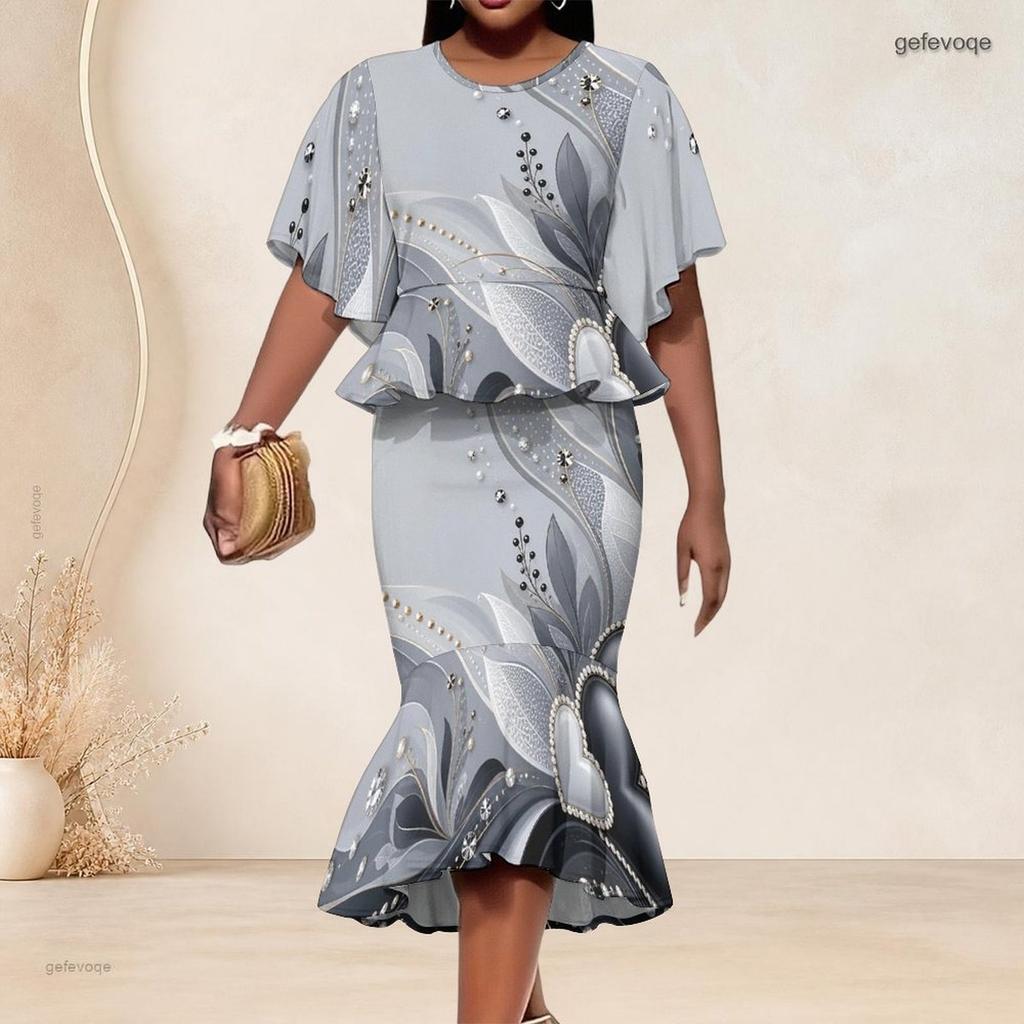 Women Plus Size Black Green Gold Round Neck Printed Batwing Sleeve Ruffle Top Fishtail Skirt Two Piece Set