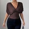 Moda Casual para Mujer Top de Cuello en V con Mangas Cortas tipo Ala y Cintura Ceñida