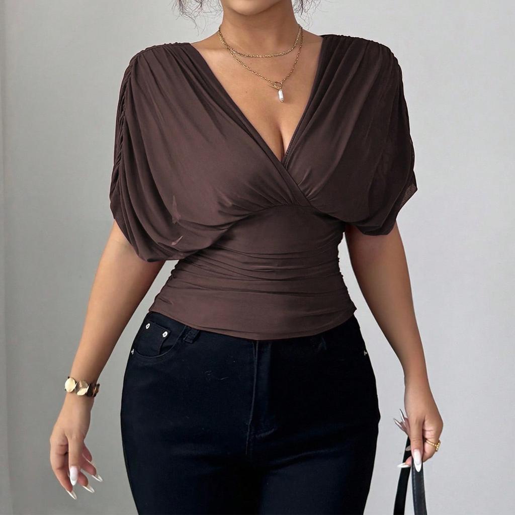 Moda Casual para Mujer Top de Cuello en V con Mangas Cortas tipo Ala y Cintura Ceñida