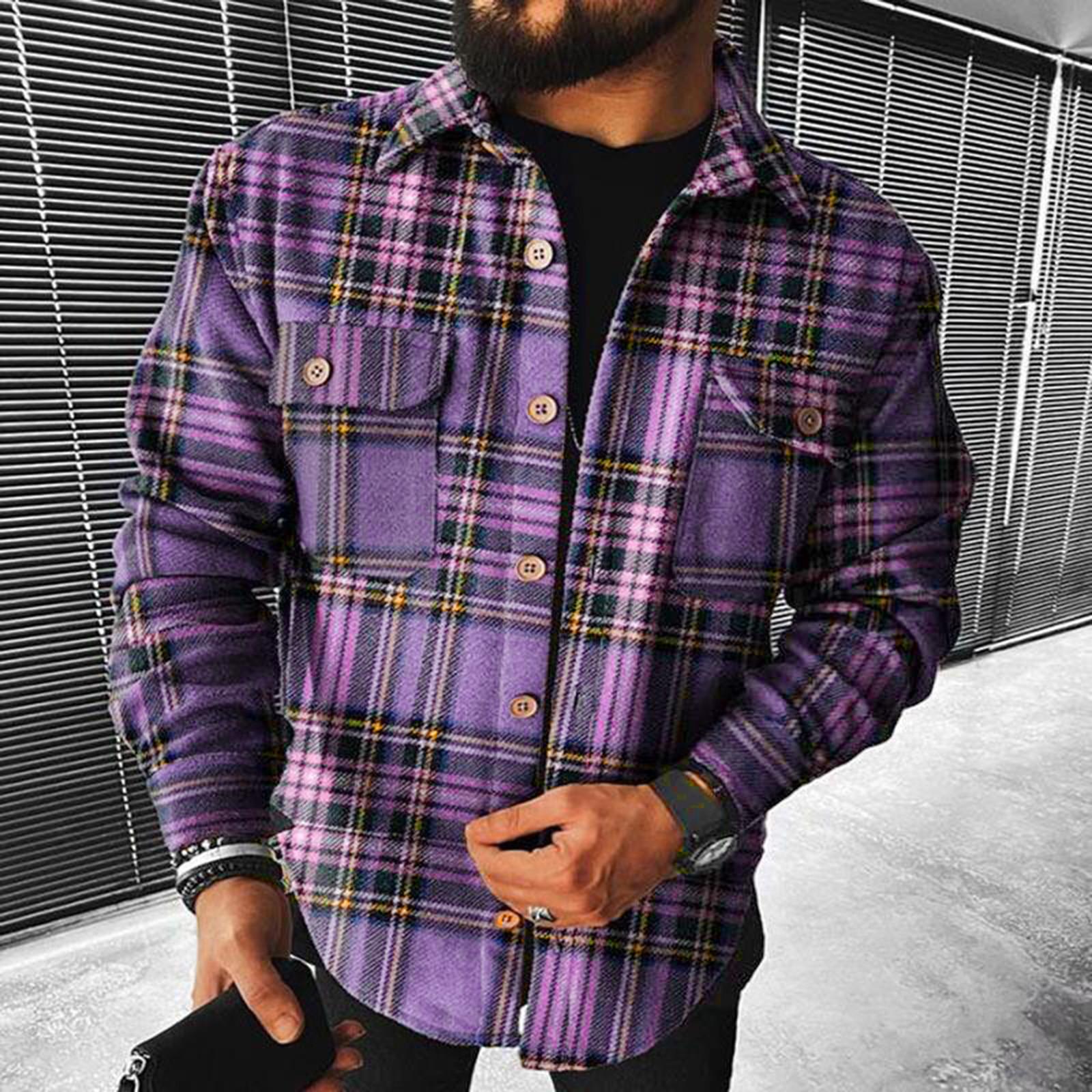

Мужские клетчатые рубашки с длинным рукавом, фланелевая куртка с лацканами на пуговицах и карманами, пальто XXL фиолетовый