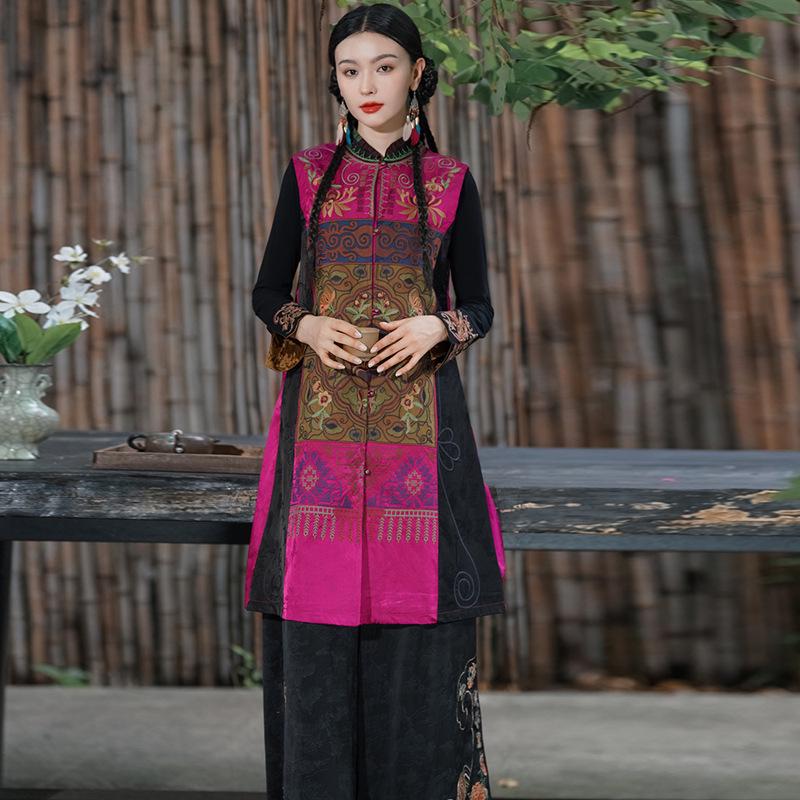 Damen Retro Floral Bestickte Lange Weste - Ärmelloser Ethno-Mantel