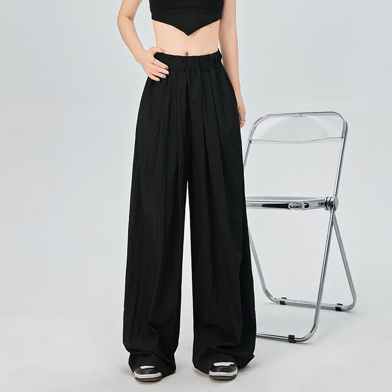 Women's Summer Blue Wide-Leg Ice Silk Pants - Casual Pleated Zen Style
