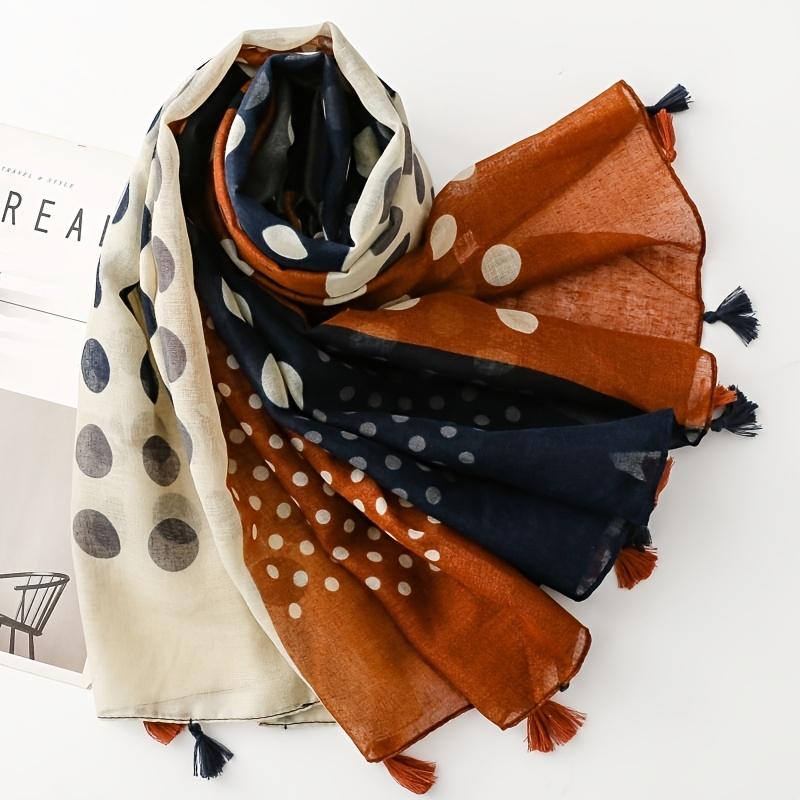 French-style vintage polka dot patchwork color-block scarf for women, holiday-style shawl, versatile tassel silk scarf