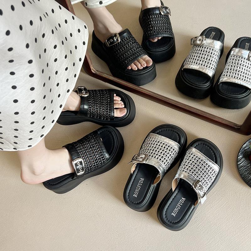 thick-soled bag head half slippers women's summer wear new women's shoes mesh shoes advanced sense lazy cool slippers