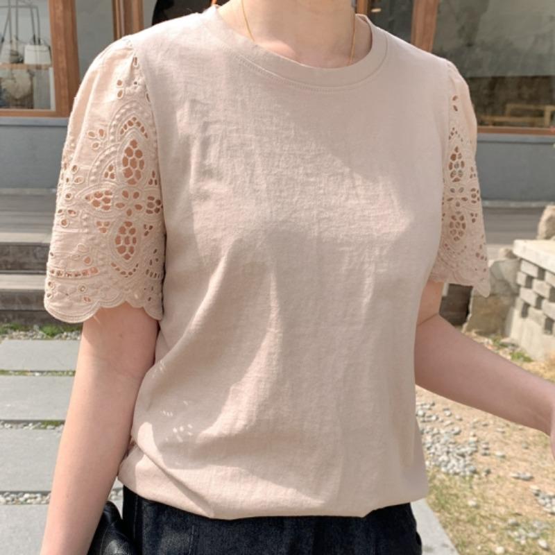 

Шикарная ажурная футболка с коротким рукавом, однотонная повседневная женская летняя модная футболка с круглым вырезом, свободная футболка, женская одежда, тонкая офисная женская футболка 26635 One Size хаки