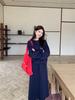 Dark Blue Casual Hoodie & Skirt Set for Women - Korean Style 2026 Spring Collection, Loose Fit, Sporty Two-Piece.