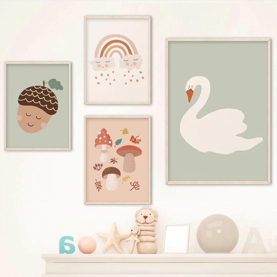 Nordic Cartoon Mouse Cat Goose Bird Bee Mushroom Wall Art Posters and Prints Canvas Painting Wall Pictures Baby Kids Room Decor