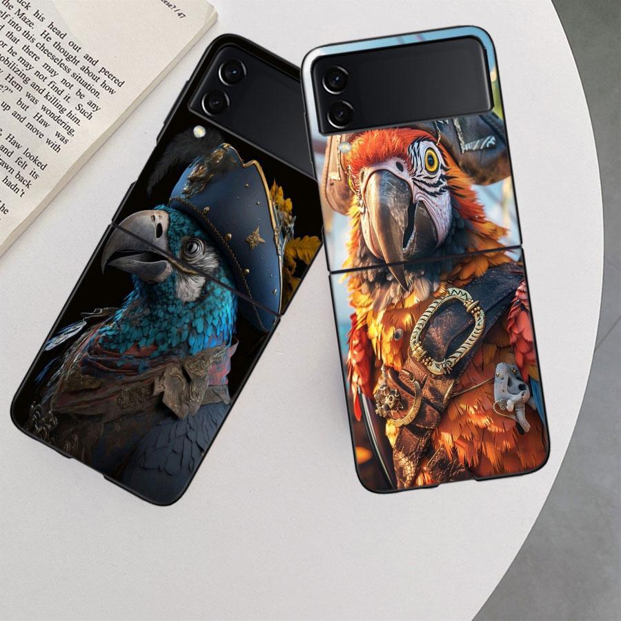 Macaw Pirate Phone Case For Samsung Z Flip 7 6 5G Galaxy Z Flip 5 4 3 Black Hard Cell Cover Luxury PC Shell Coque