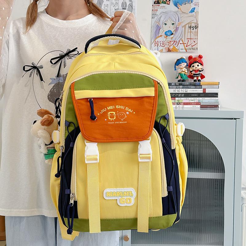 middle school student schoolbag, women's new contrasting color waterproof, ultra-light large-capacity lightweight high school backpack