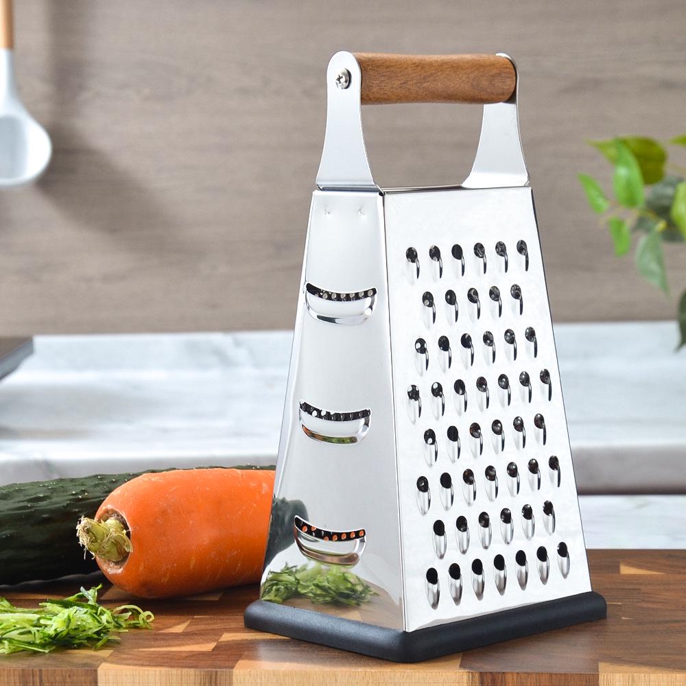 Multifunctional Handheld Stainless Steel Grater with Wooden Handle - Four-Sided Vegetable & Fruit Shredder