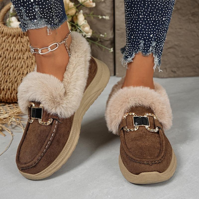 Winter New Metal Buckle Fleece Cotton Shoes Women's 2025 Plus-size Thick-soled Warm Fur Sneakers