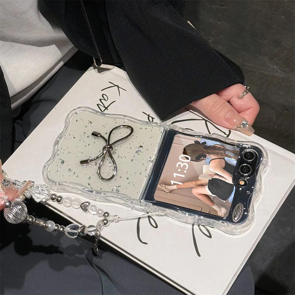 Korean 3D Bowknot Glitter Phone Case For Samsung Galaxy Flip 7/6 Girl Clear Cover Silver Foil Epoxy Shell For Z Flip5 Flip 4/3