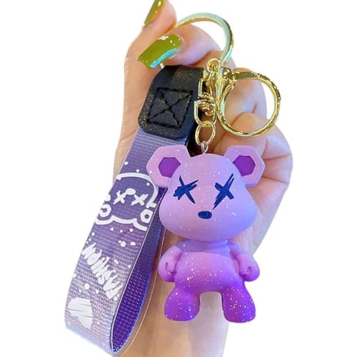 LeChengMM generic men's and women's keychain, cute brightly colored bear keychain, creative braided rope resin animal pendant, metal keychain. Purple