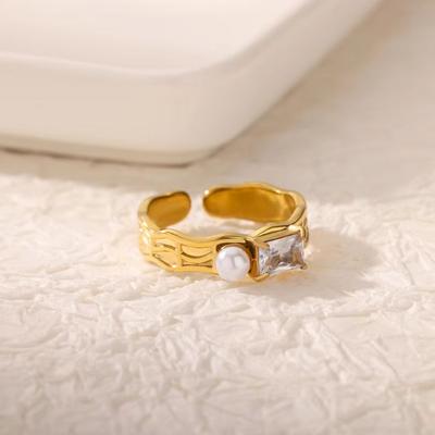 Square Zircon Pearl Rings For Women Gold Color Stainless Steel Geometric Opening Ring Wedding Party Christmas Jewelry Gift