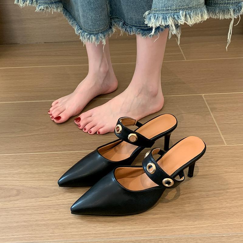 Soft Leather Bag Head Half Slippers Women's Thin Heel Pointed Muller Shoes High Heel Versatile Cool Slippers 2025 Spring Foreign Trade New