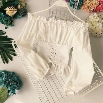 Spring Women Slim Solid Color Slash Neck Puff Sleeve Waist Design Bandage Blousee Off Shoulder Top