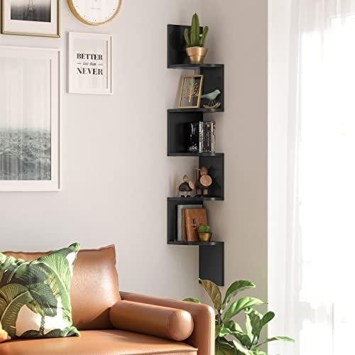 5 Tier Corner Shelf for Wall Mount, Wooden Display Shelf, for Kitchen, Bedroom, Living Room, Office, Black