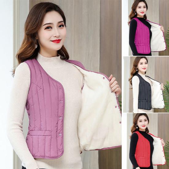 Women Vest Coat Padded Solid Color Sleeveless Thick Soft Slim Fit Single-breasted Cardigan V Neck Windproof Warm Waistcoat